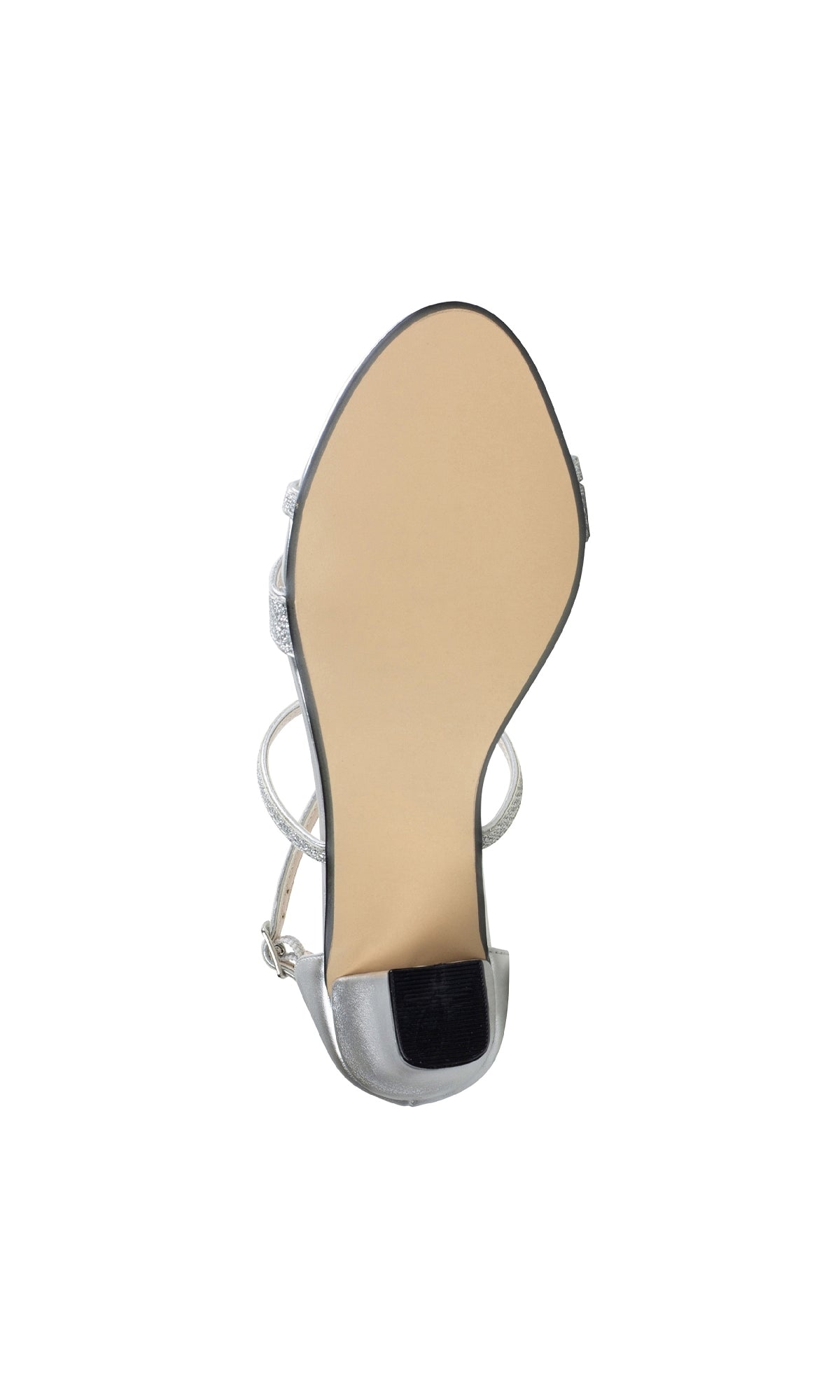 A close-up of the Daphne Silver Prom Shoes: Touch Ups 4617 showcases the beige sole and black heel tip, emphasizing the chic strappy heels against a white background.